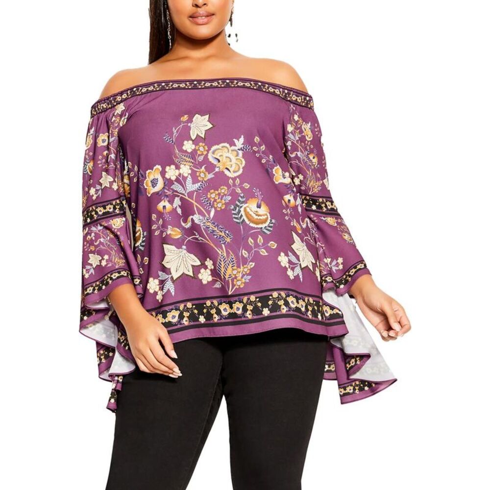 City Chic Womens Top Cordelia Purple Floral Ruffled Blouse Shirt Plus NWT